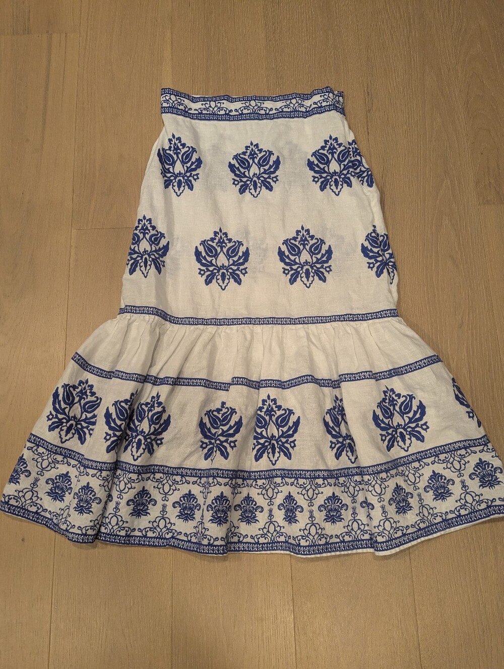 Zara White Maxi Skirt with Blue Floral Embroidery